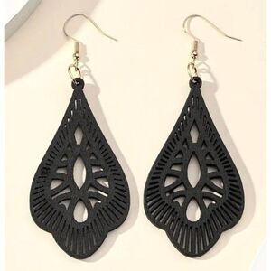 Black‎ Light Weight Wooden Teardrop Earrings New